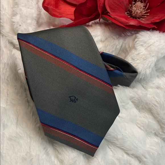 Dior Other - 🌹VINTAGE Christian Dior SIGNATURE AUTHENTIC Charcoal Tie with Blue & Red Stripes